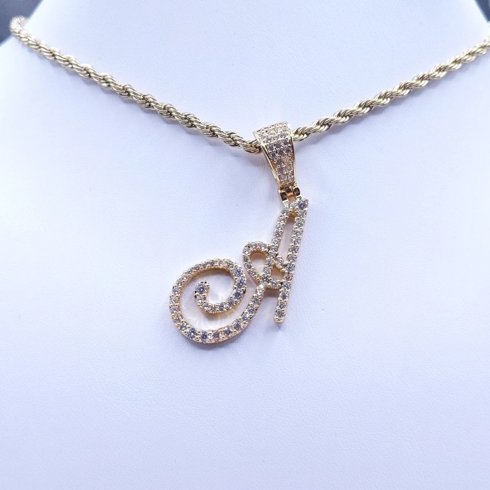 18"Rope Chain - Gold Finish Cursive Initial A. - image 4